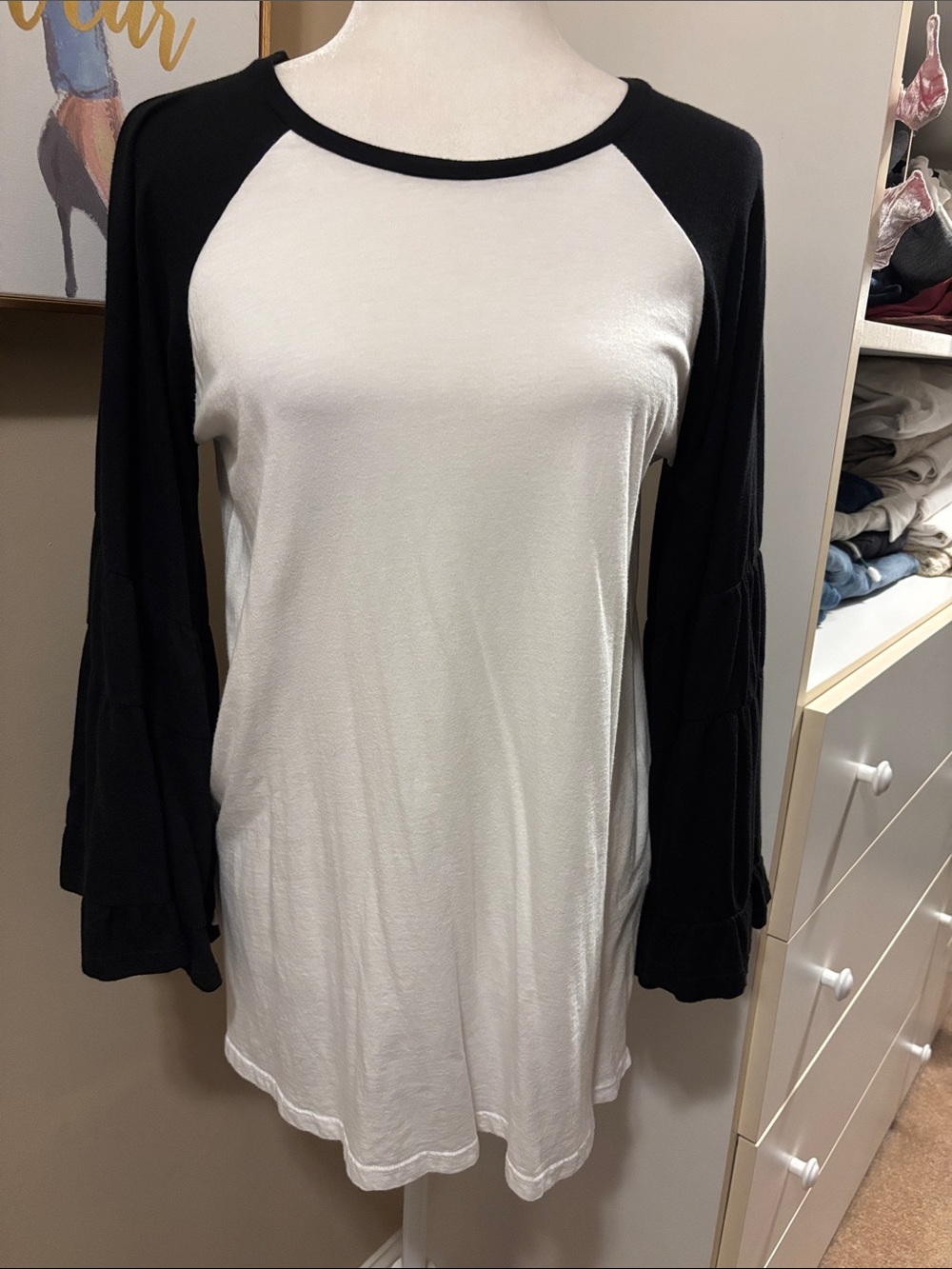 Three Bird Nest Black and White Raglan Bell Sleeve Tee